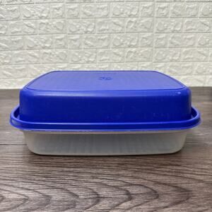 Tupperware Large Season Serve Meat Marinade Tenderizer Container Blue White Vtg